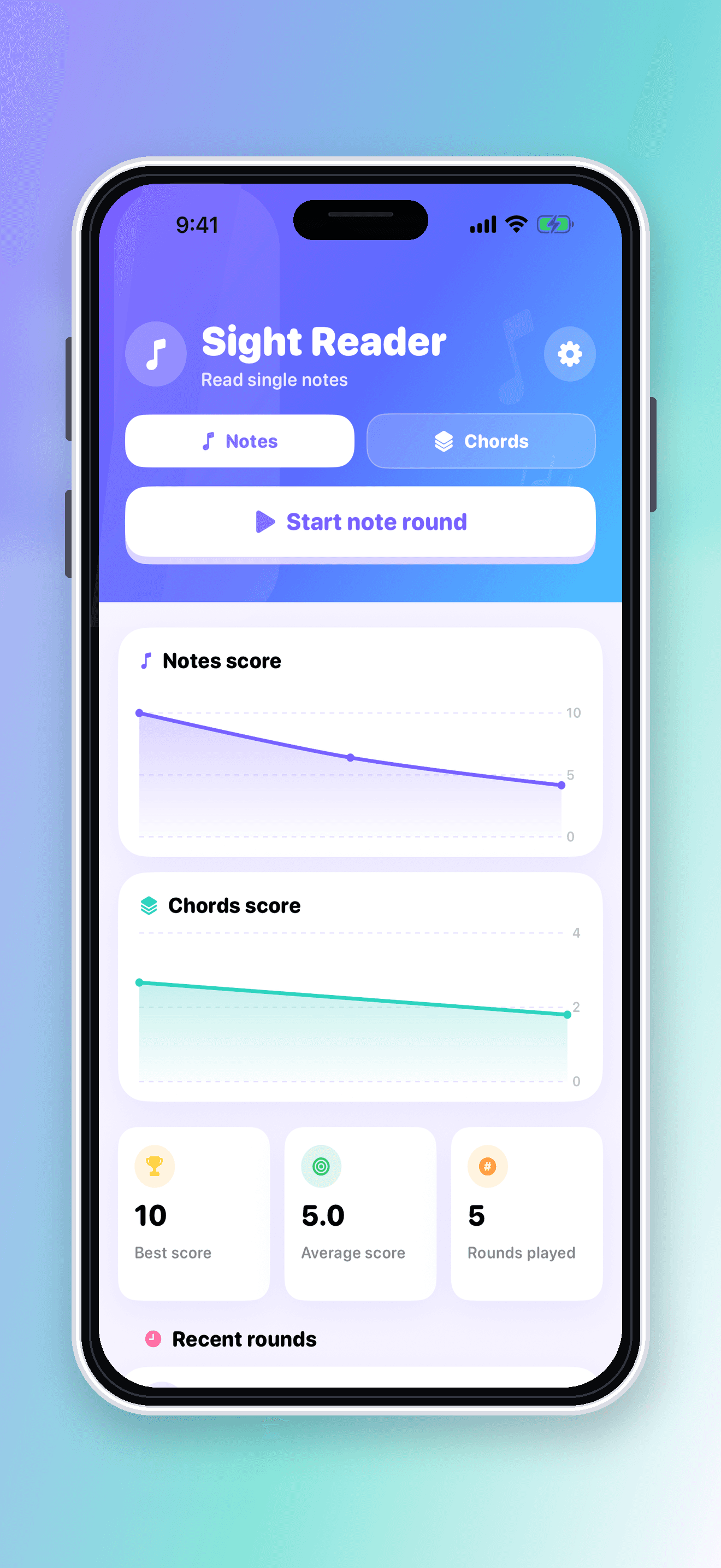 Sight Reader home screen with note and chord score charts.