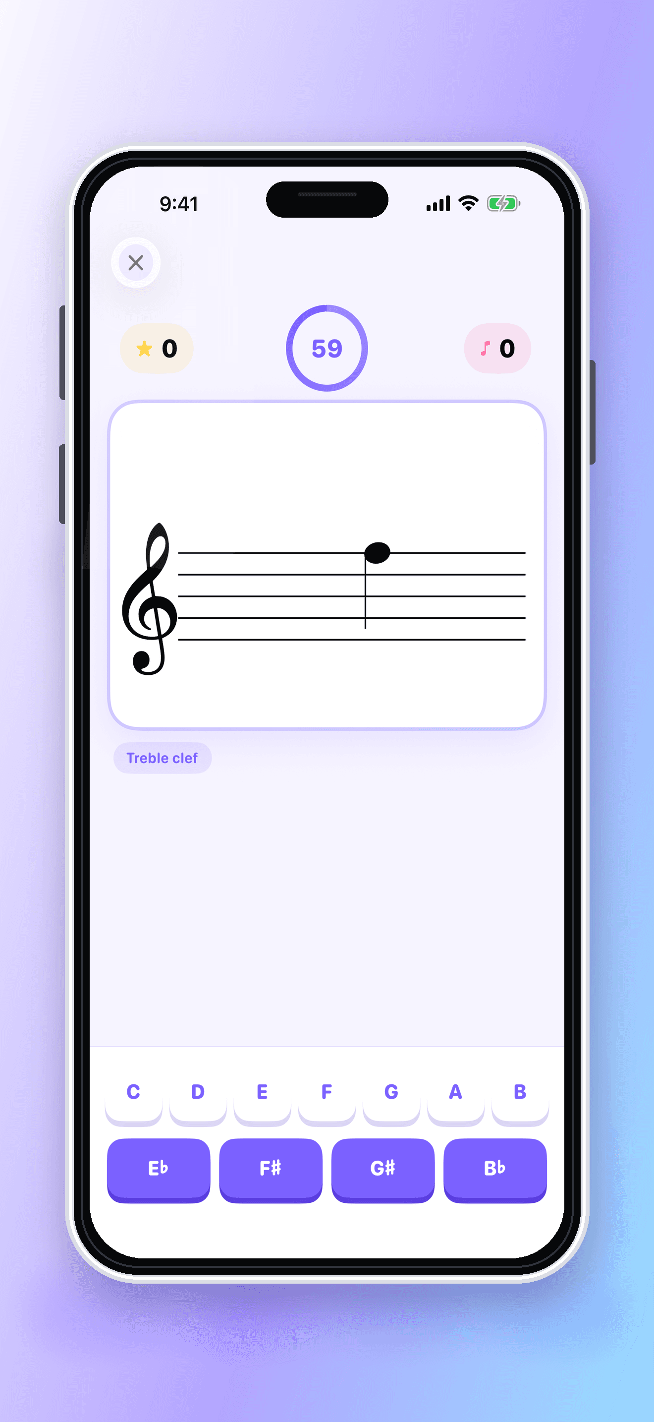 Sight Reader note practice round with a treble clef prompt.