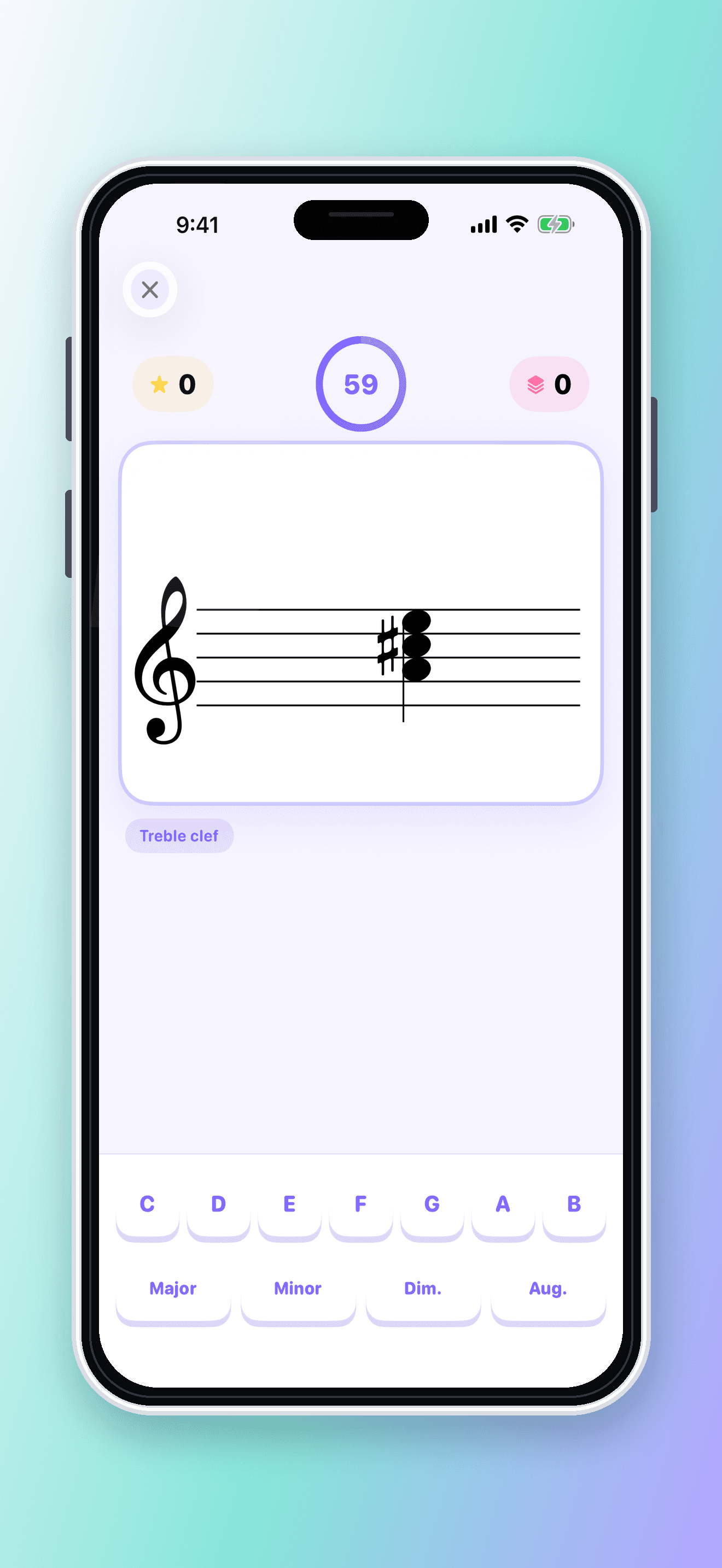 Sight Reader chord practice round with answer choices.