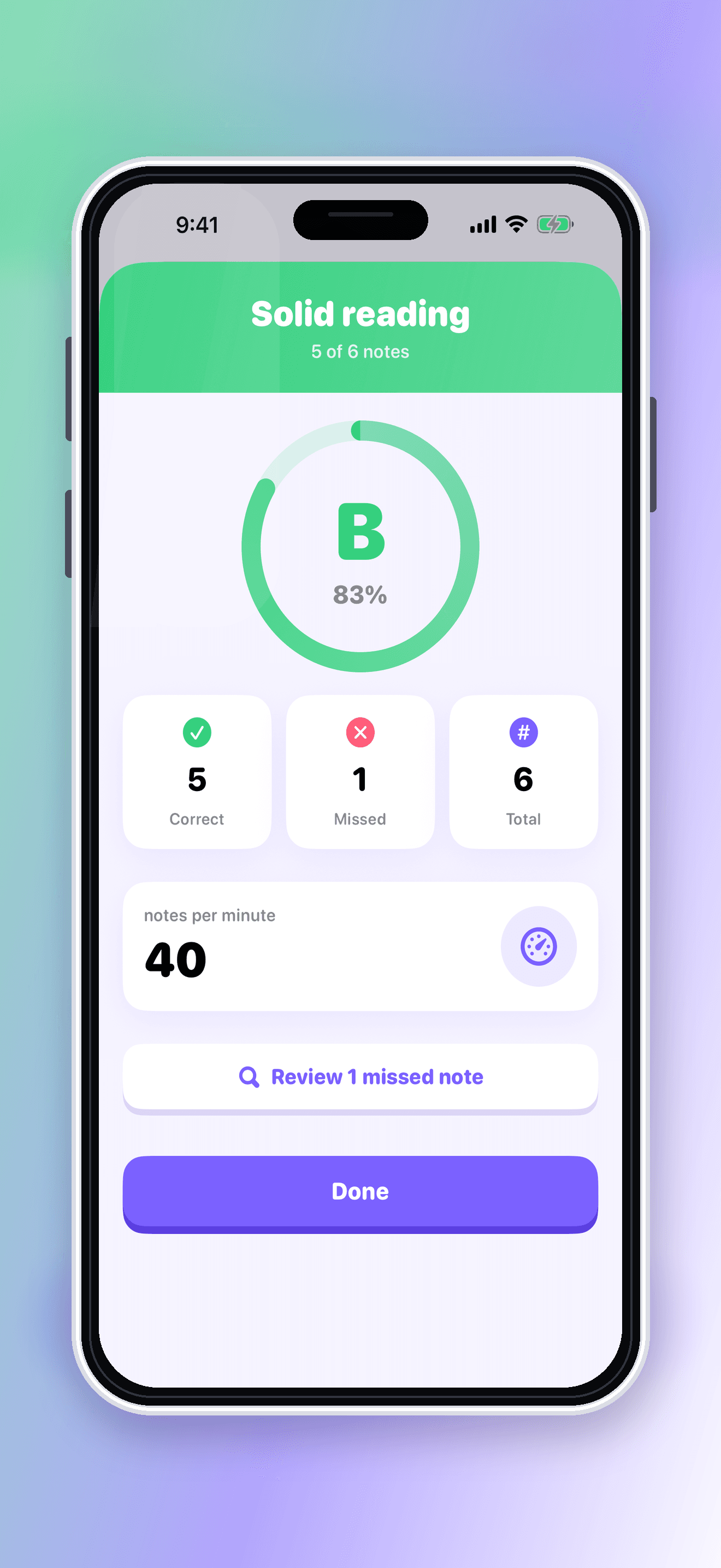 Sight Reader round results screen with score and review action.