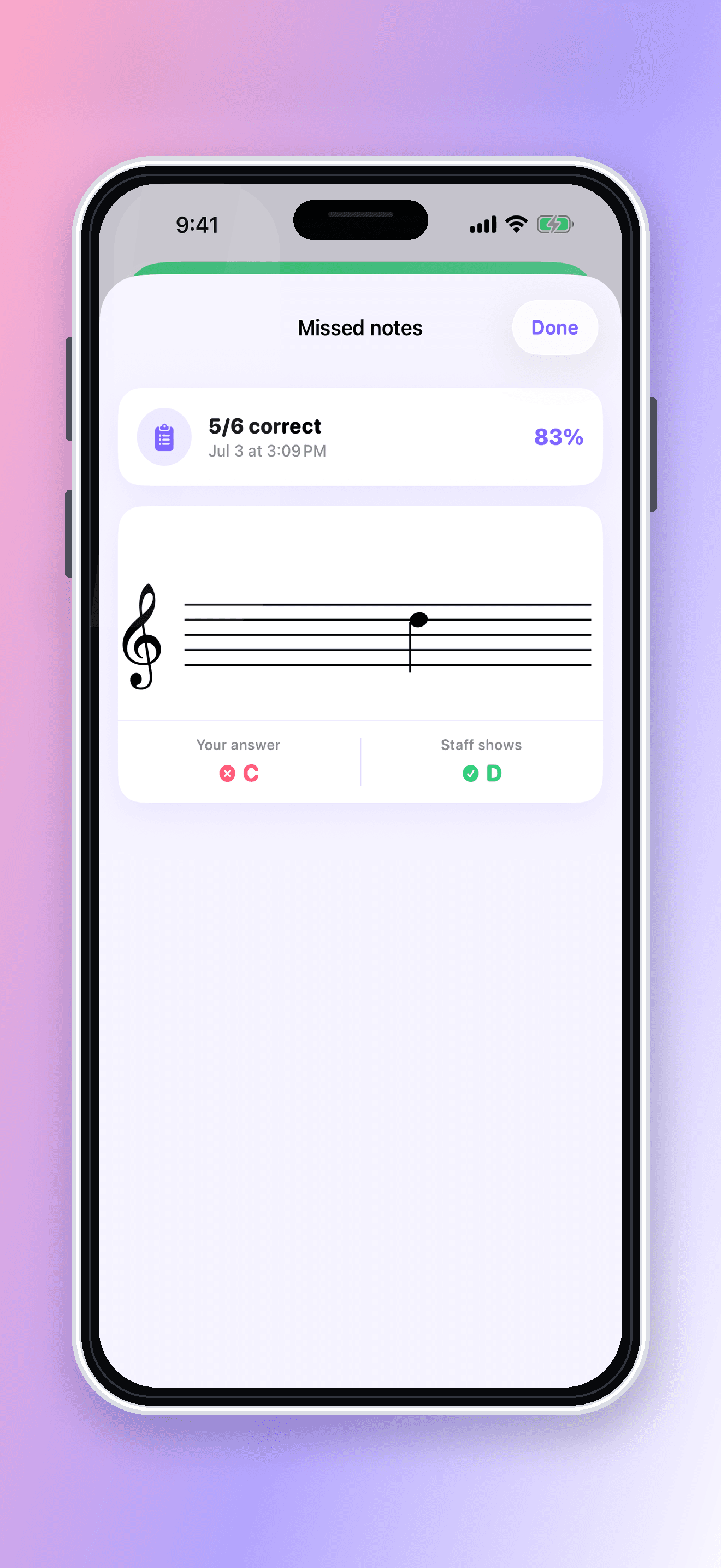 Sight Reader missed notes review screen.
