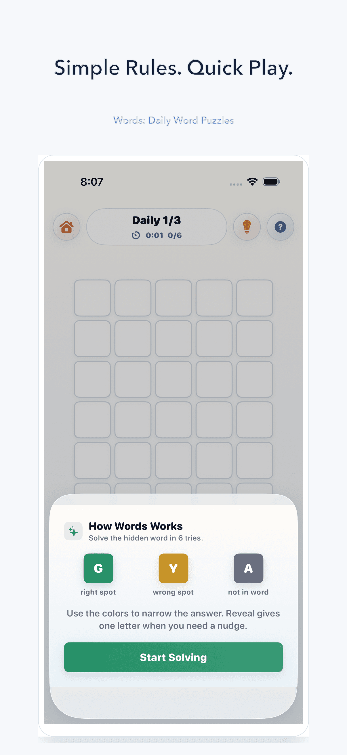 Words app how to play screen explaining the puzzle rules.