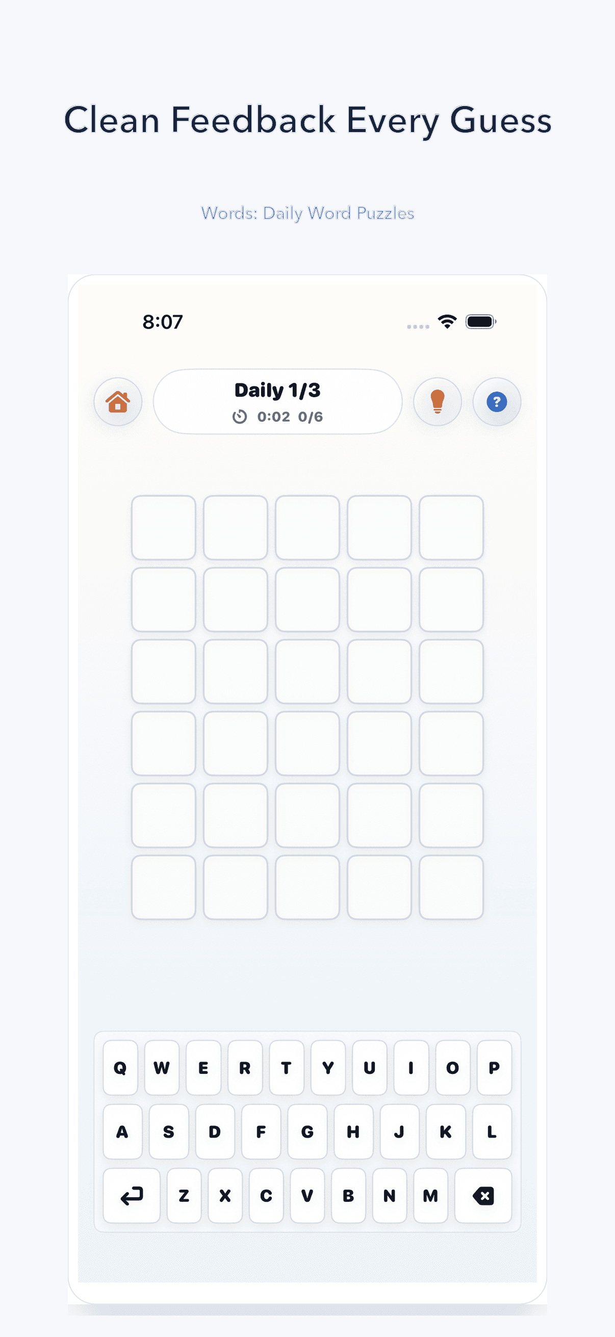 Words app puzzle board showing letter feedback after a guess.